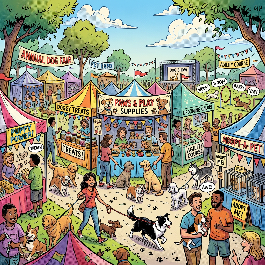 People and dogs enjoying a dog fair with booths for treats, grooming, adopting, and agility courses.