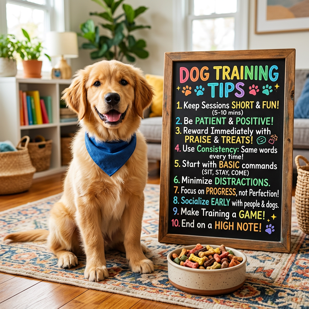 Golden retriever dog sitting beside a chalkboard with colorful dog training tips and a bowl of dog treats