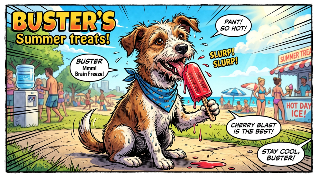 Dog named Buster eating a dripping cherry popsicle at the beach